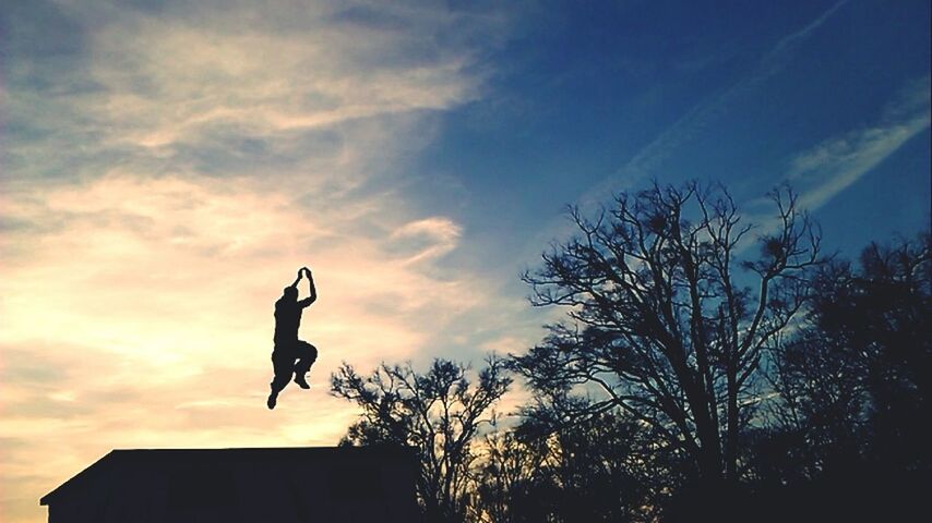 silhouette, sky, low angle view, cloud - sky, sunset, tree, cloud, built structure, statue, building exterior, sculpture, human representation, art and craft, architecture, outdoors, art, cloudy, one person, dusk