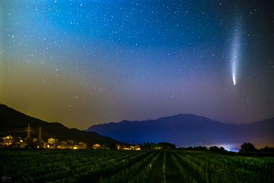 Scenic view of illuminated field against sky at night