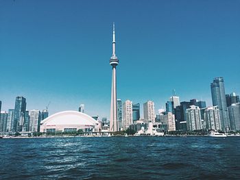 City at waterfront against clear sky