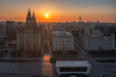 High angle view of buildings in city during sunset