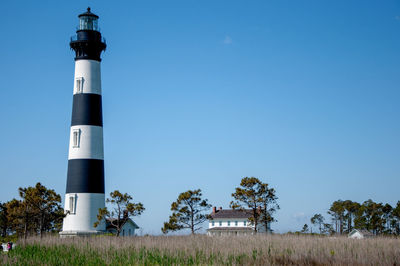 Lighthouse on field by building against sky