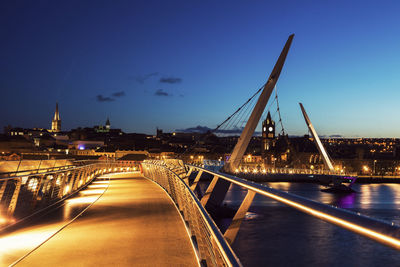 Illuminated bridge over river at night