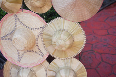 Close-up of multi colored umbrellas for sale in market