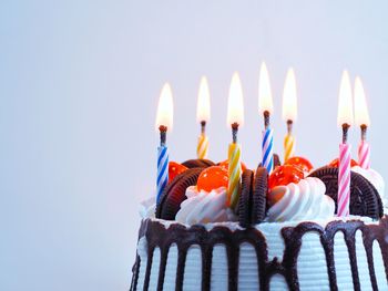 Close-up of cake on fire against the sky