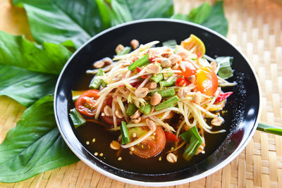 High angle view of noodles in bowl on table