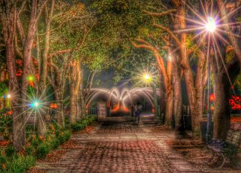 Illuminated walkway at night