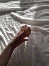 Close-up of hand holding fruit on bed