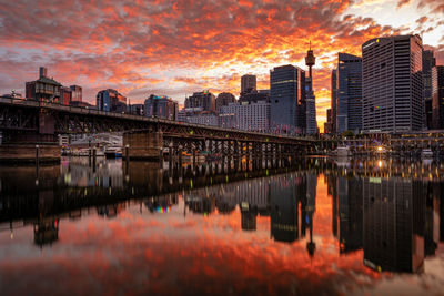 Illuminated bridge over river against sky during sunset