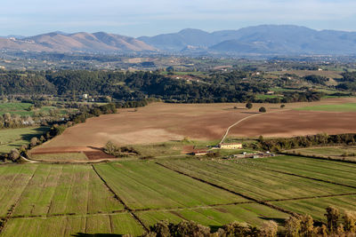 High angle view of agricultural field against sky