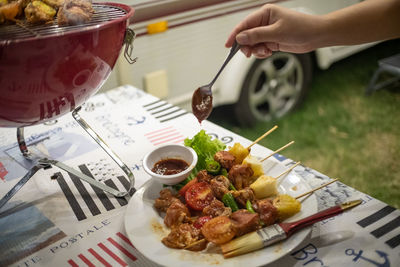 High angle view of food served on table