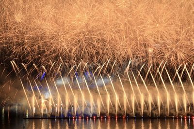 Firework display over lake against sky at night