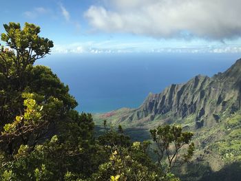 Scenic view of sea and mountains against sky