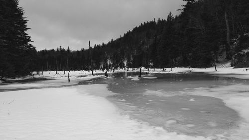 Panoramic view of frozen lake against sky