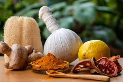 Close-up of fruits on table