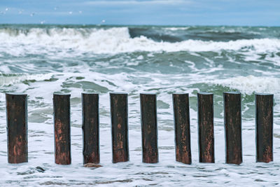 High wooden breakwaters in splashing sea waves, beautiful cloudy sky, close up. long poles or groyne