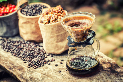 Close-up of coffee beans on table