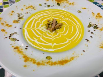 High angle view of bread in plate on table