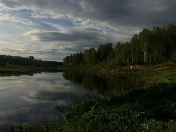 Scenic view of lake in forest against sky