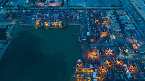 High angle view of container ship at commercial dock