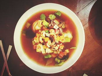 Directly above shot of soup served in bowl