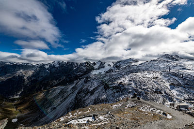 Scenic view of snowcapped mountains against sky