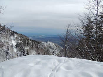 Scenic view of snow covered mountains against sky