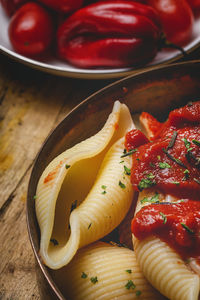 High angle view of fruits in plate on table