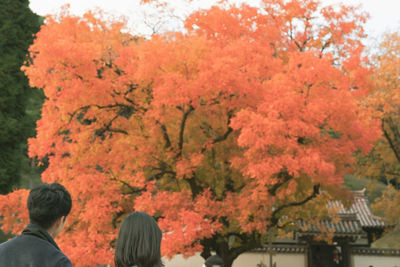 Rear view of people walking by trees during autumn