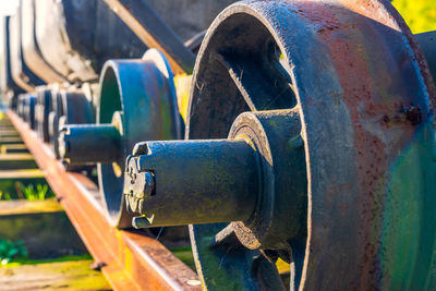 Traditional, old mine cart standing on a steel, railway tracks. culture center in siemianowice, 