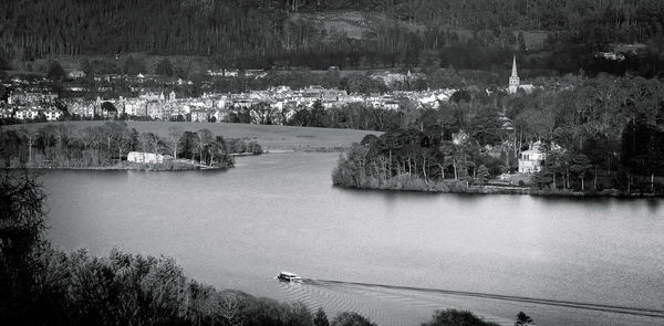 High angle view of river against trees