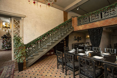 High angle view of empty steps in illuminated building