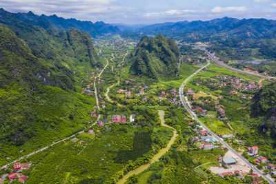 High angle view of trees and mountains