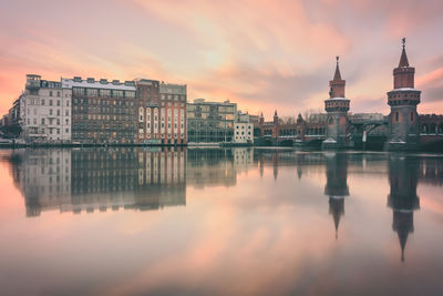 Reflection of buildings in water at sunset