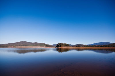 Scenic view of lake against clear blue sky