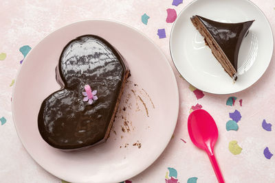 High angle view of cake served on table