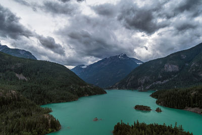 Scenic view of lake and mountains against sky