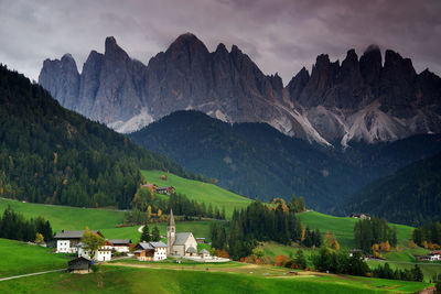 Scenic view of mountains and houses against sky