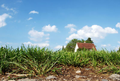 View of grassy field against cloudy sky