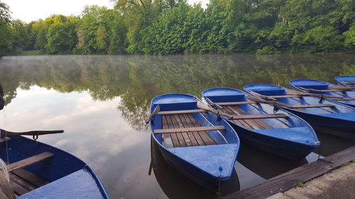 High angle view of boats moored in lake