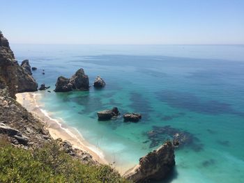 Scenic view of sea against blue sky