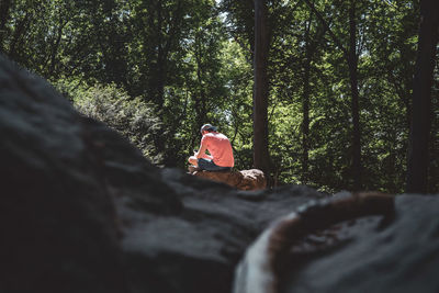 Rear view of man sitting on rock in forest