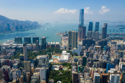 Aerial view of cityscape by bay