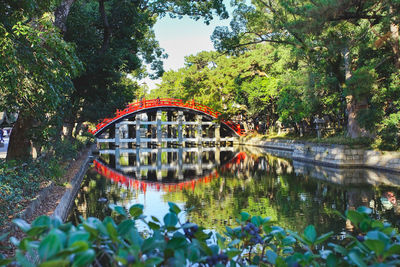 Arch bridge over river against trees