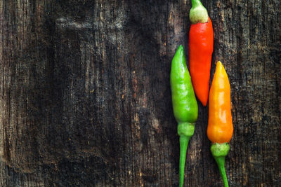 Directly above shot of chili peppers on wood