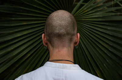 Rear view of young man against palm leaves