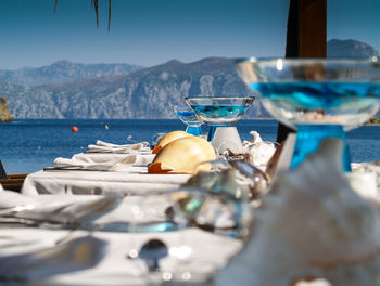 Close-up of food on table at beach
