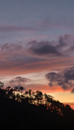 Silhouette trees against dramatic sky during sunset