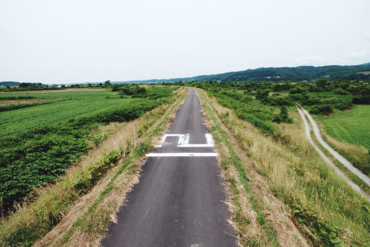 the way forward, grass, diminishing perspective, landscape, field, vanishing point, rural scene, agriculture, green color, tranquility, tranquil scene, road, growth, tree, nature, scenics, country road, long, plant, beauty in nature, sky, green, day, narrow, grassy, outdoors, no people, countryside, remote, empty road, non-urban scene