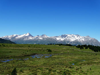 Scenic view of snowcapped mountains against clear blue sky