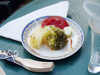 High angle view of breakfast served on table